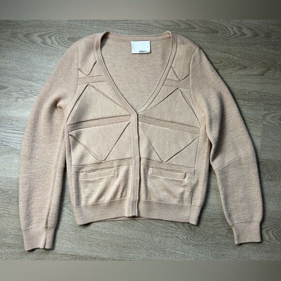 3.1 PHILLIP LIM | Folded Triangle Tan Cream Wool Cardigan - Picture 1 of 9